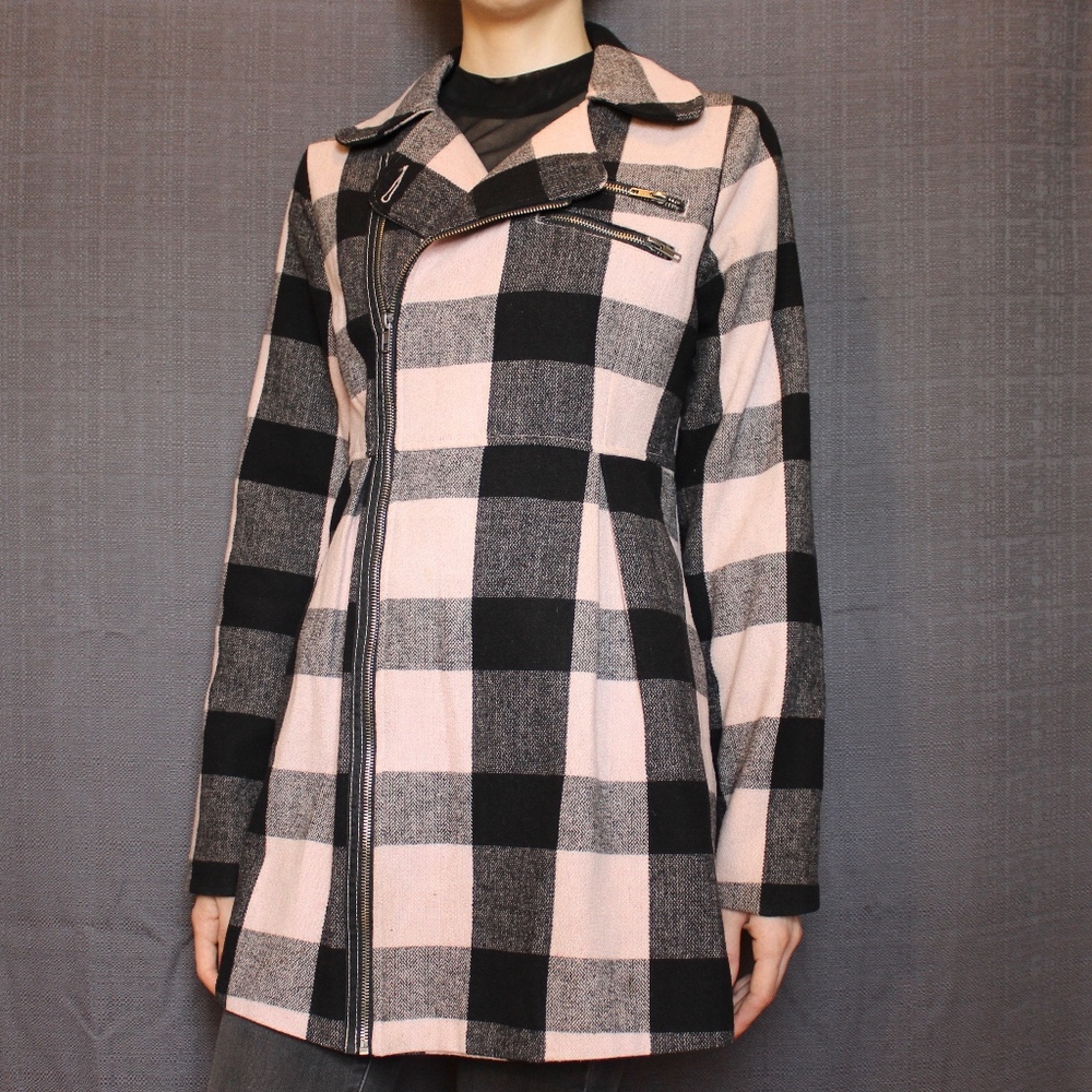 Roxy Long Pink/Black Plaid Wool Blend Coat